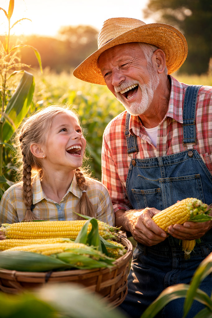 Iowa Positive grandfather and granddaughter with corn